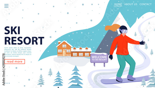 Wallpaper Mural Ski resort web page concept with wooden house, snowboarder and snowy mountains. Happy woman snowboarding in the mountains. Welcome to ski resort. Vector illustration. Torontodigital.ca