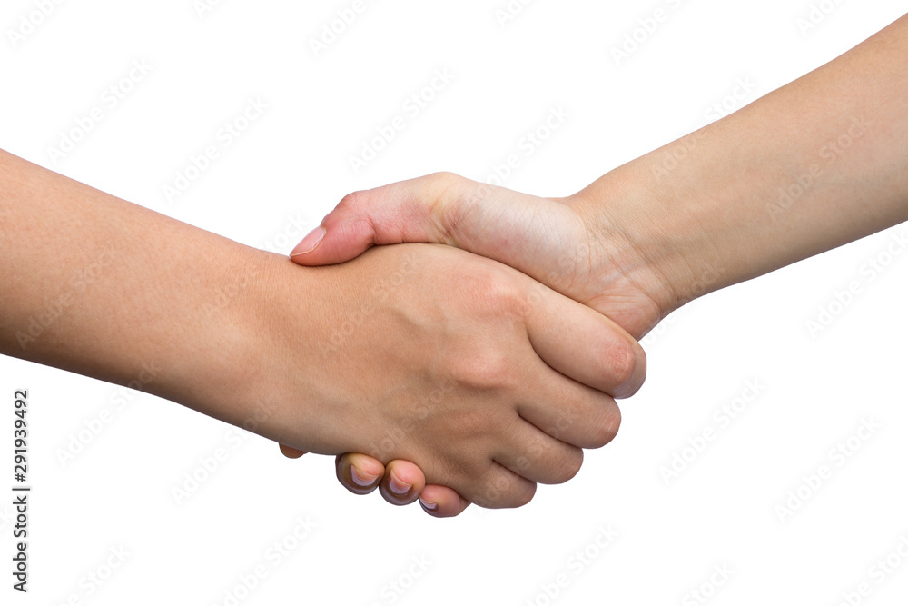 Two woman handshake isolated on white background Two woman handshake isolated on white background