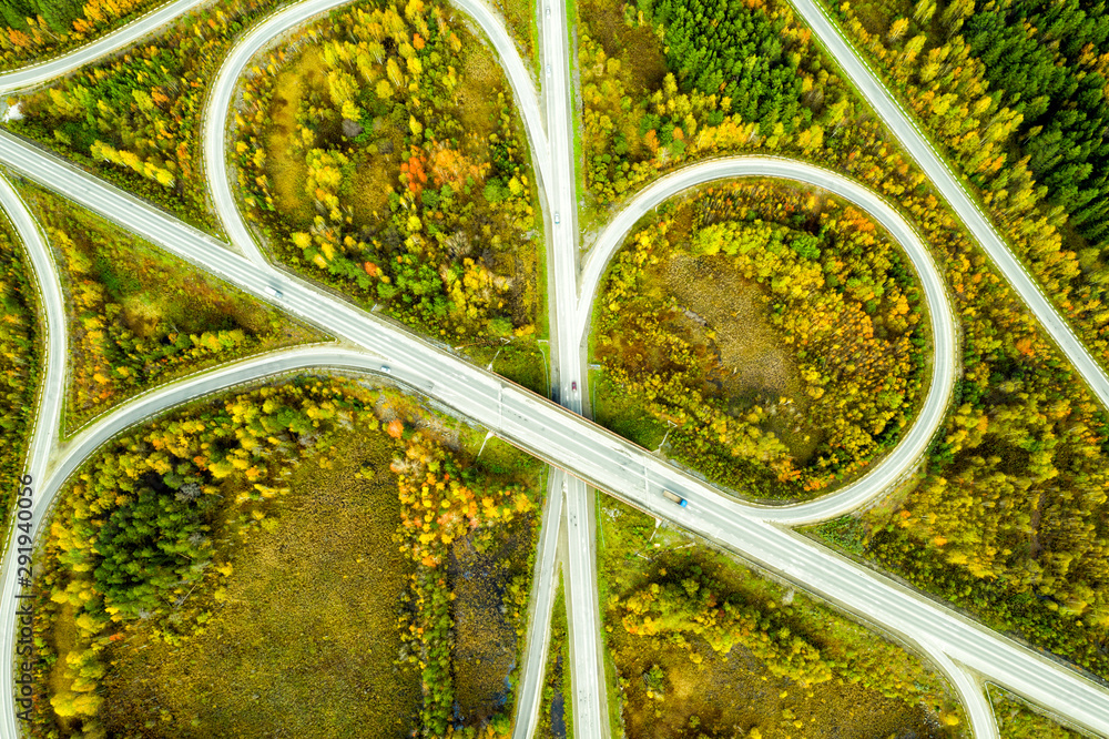 Aerial view of highway interchange. Road junction