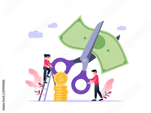 Small people with scissors cutting dollar together. Vector flat illustration of rate cut. Financial concept.