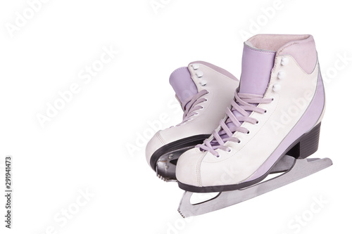 Close-up photo of professional ice skates standing isolated on white.