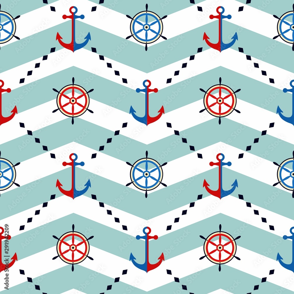 Seamless pattern on the marine theme. Anchor and steering wheel in red, white and blue. White-blue zigzag on the background.