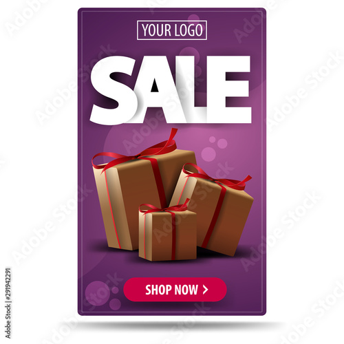 Sale, purple vertical discount banner with gift boxs isolated on white background