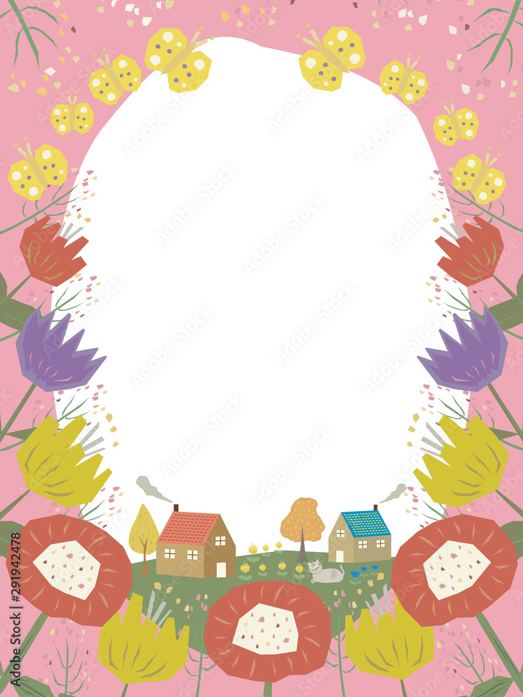 Flowers and butterflies circle frame, hand drawn template Flowers and butterflies circle frame, hand drawn template