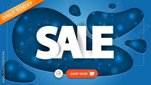 Sale, blue discount banner in paper cut style with large letters and button