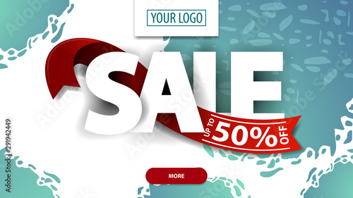 Sale, up to 50% off, white and blue discount banner with large letters and red ribbon