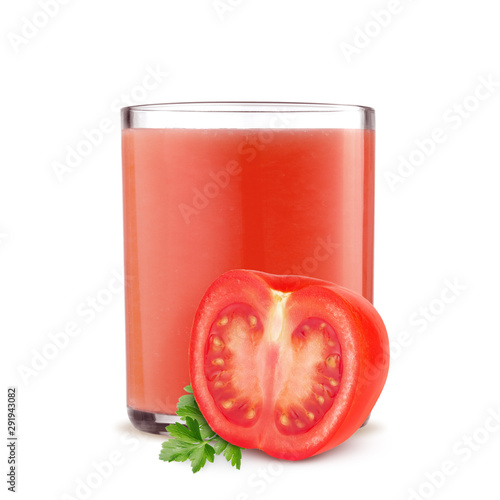 Glass of tomato juice and cut tomatoes isolated on white background