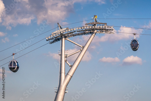 Cable car and pole against blue sky with clouds. Cable car connects Sparrow Hills (well known as Vorobyevy Gory park) with Sport Complex Luzhniki. Moscow, Russia. . photo