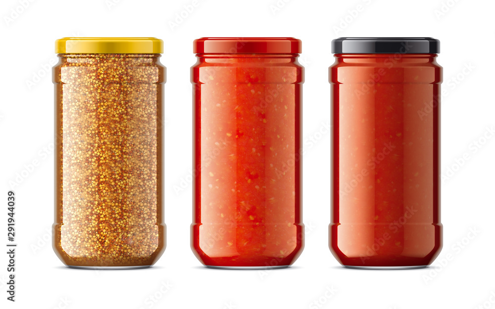 Set of Glass Jar with Sauces, Mustard. Set of Glass Jar with Sauces, Mustard.