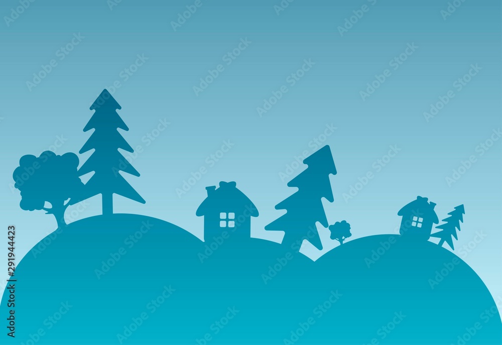 winter background with Christmas trees, snowdrifts and a house. Flat design adapted for web sites and mobile applications. New Year card, gift wrapping. Vector image