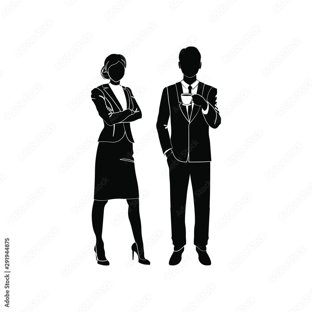 Business woman, manager standing with his arms crossed on his chest vector. Businessman standing with a cup of coffee or tea. Vector illustration black on white background.