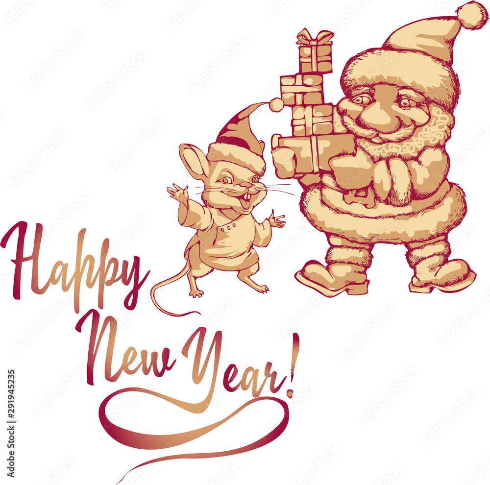 Santa and Rat, a symbol of the upcoming 2020 on the eastern calendar. Vector illustration