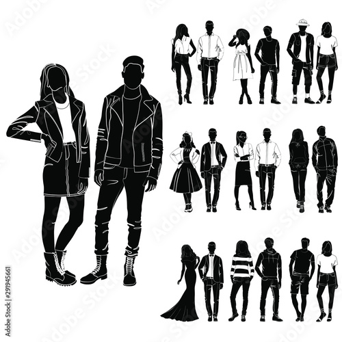 Set of trendy guys and girls vector. Fashionable man and woman vector. Fashionable young couples. Fashion concept vector black on the white background isolated. Clothes for different occasions.