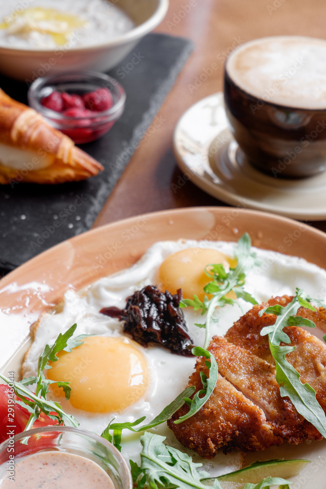 hearty breakfast fried eggs breaded vegetables hearty breakfast fried eggs breaded vegetables
