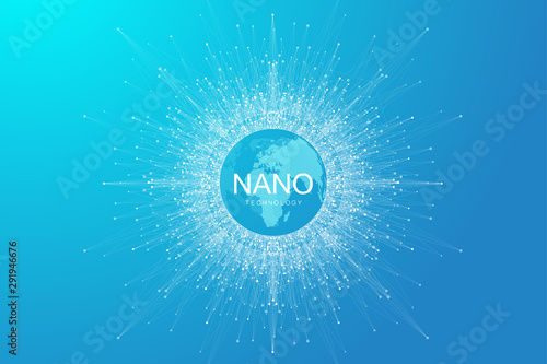 Nano technologies abstract background. Cyber technology concept. Artificial Intelligence, virtual reality, bionics, robotics, global network, microprocessor, nano robots. Vector illustration, banner