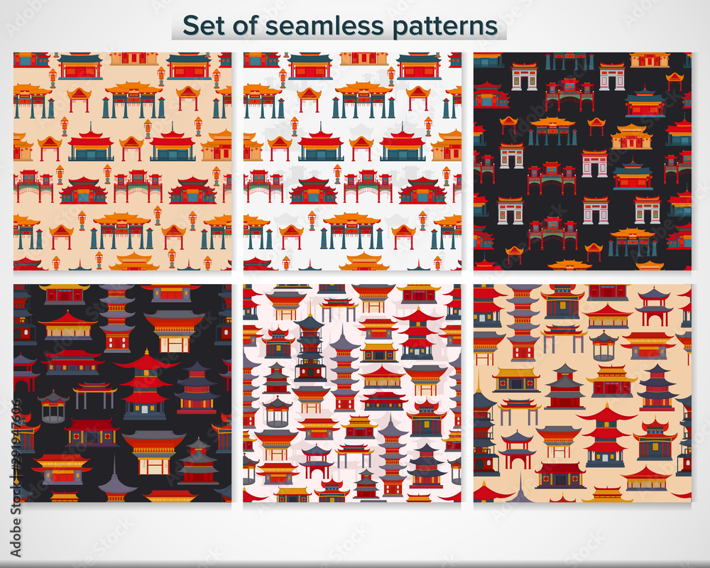 Set of seamless patterns with traditional Chinese temples and buildings, gates on different backgrounds.