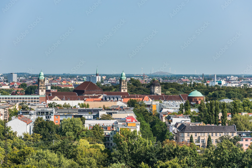 Panoramic city view of Berlin from the top of the Berlin Victory Column in Tiergarten, Berlin, with modern skylines and churches.