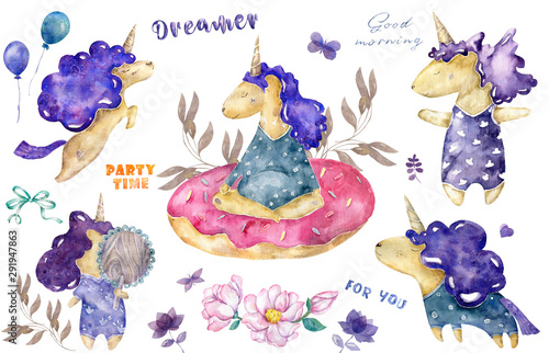 Baby shower posters, invites. Cards with cute unicorn and font, pastel colors. Cut unicorn look on mirror and city background watercolor purple colorful illustration for poster, invite for child © Anna Terleeva