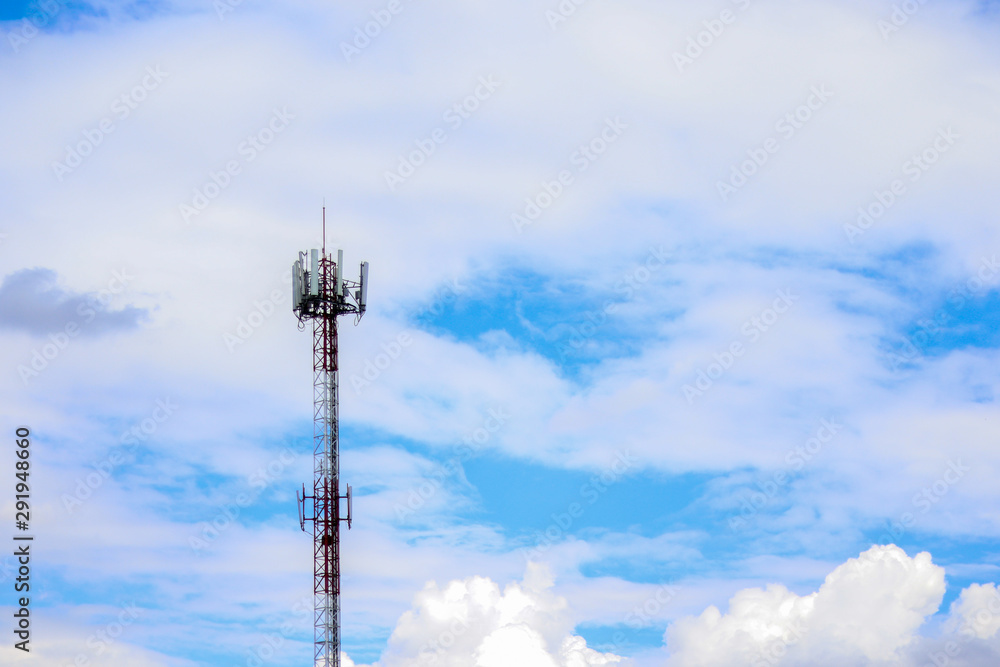 Telecommunication tower of 4G and 5G cellular. Telecommunication tower with antennas against blue sky.