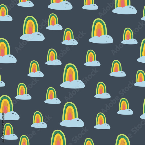 Vector seamless doodle pattern. Hand drawn rainbows with clouds on dark blue background.