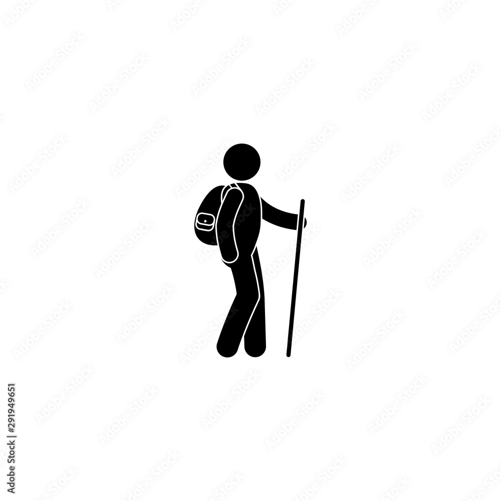 Traveler pictogram. Icon man with a backpack isolated on white background. Stick figure human silhouette tourist. Traveler pictogram. Icon man with a backpack isolated on white background. Stick figure human silhouette tourist.