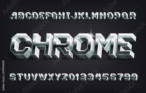 Chrome alphabet font. 3D Metallic letters and numbers with shadow. Stock vector typescript for your design.