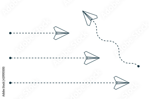 Paper origami airplanes with dotted path icons.