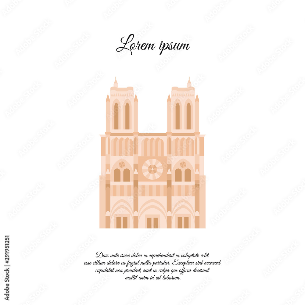 Naklejka premium Notre Dame de Paris color vector. Travel vector banner or logo. The famous Cathedral of Notre Dame de Paris, France. French landmark. The Catholic Church in the center of Paris, Gothic architecture