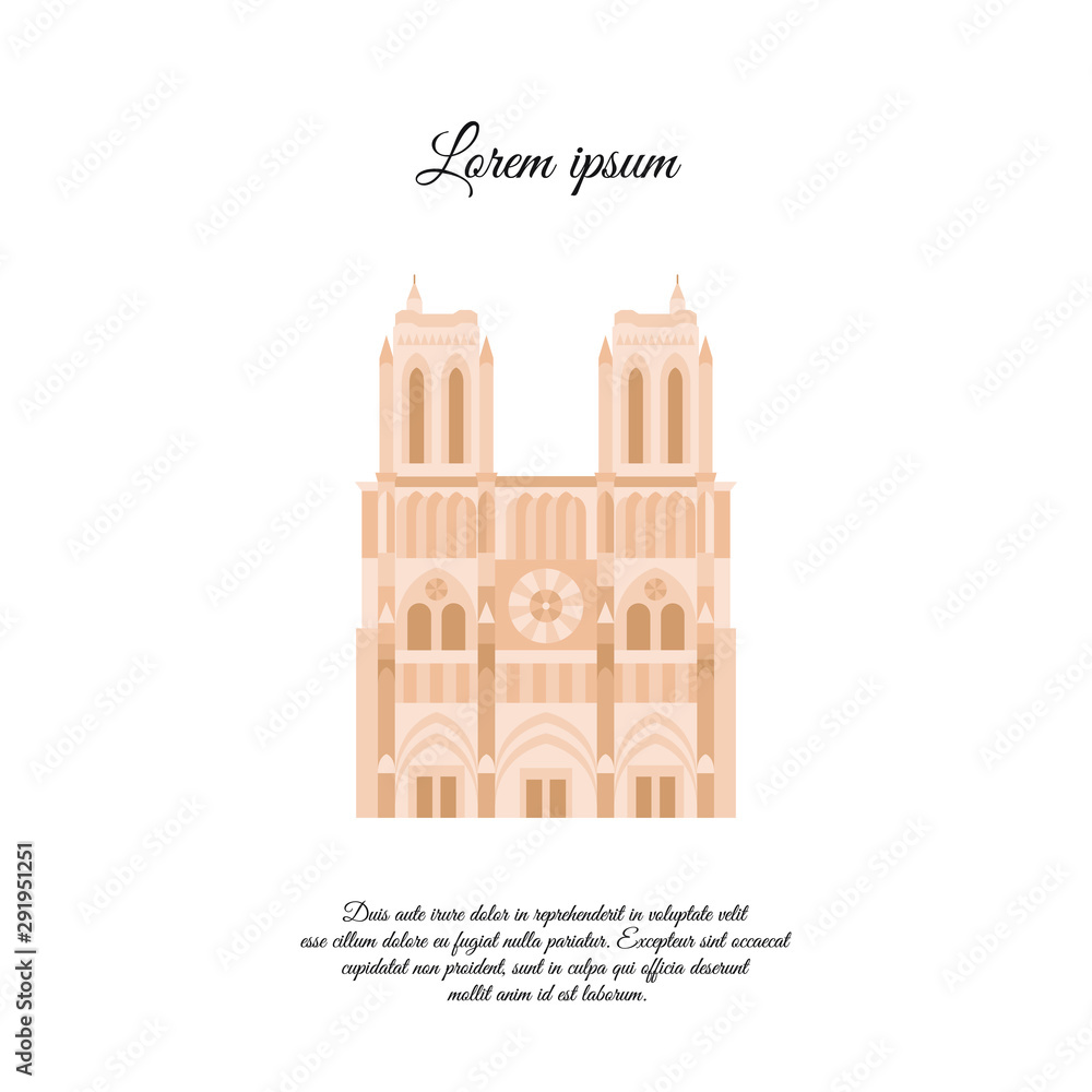 Notre Dame de Paris color vector. Travel vector banner or logo. The famous Cathedral of Notre Dame de Paris, France. French landmark. The Catholic Church in the center of Paris, Gothic architecture