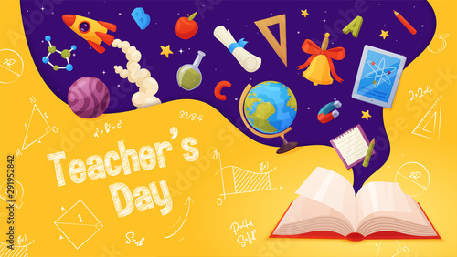 Teacher day banner. Template for sale page design. Cartoon and colorful style. Open book with flying elements: rocket, school supplies, stars, letters,  ruler, notebook, pencil.