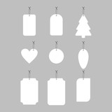 Hanging white paper tag, label different shapes vector set isolated on gray background.