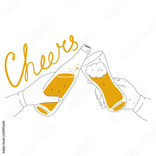 Cheers with beer bottle and mug vector illustration isolated on a white background.
