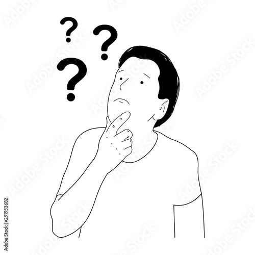 Thinking man with questions marks linear vector illustration isolated on a white background.