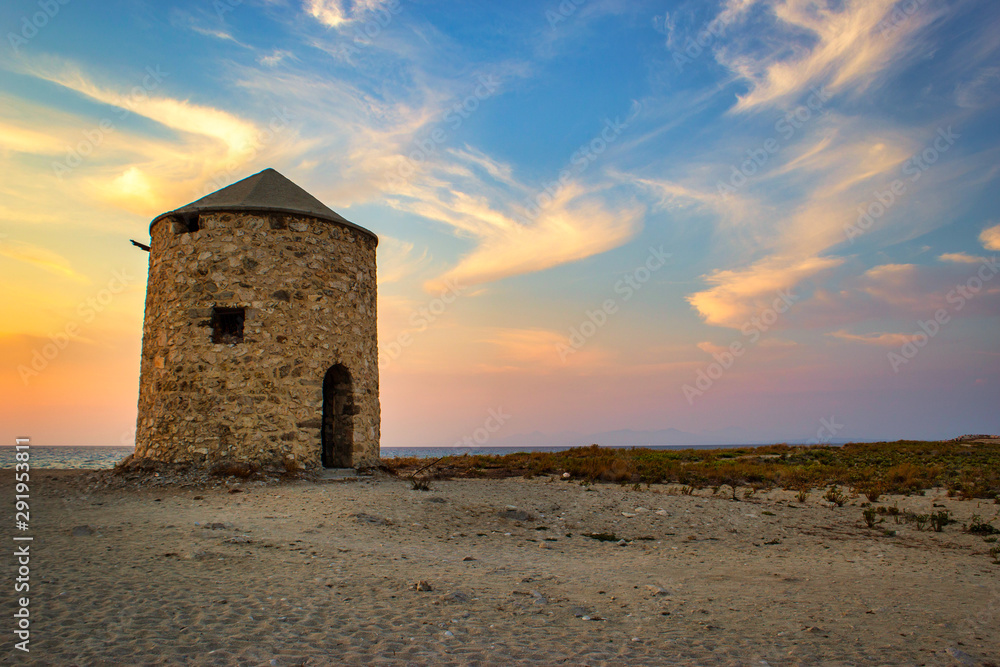 Old windmill at Agios Ioannis beach, Lefkada, Greece
