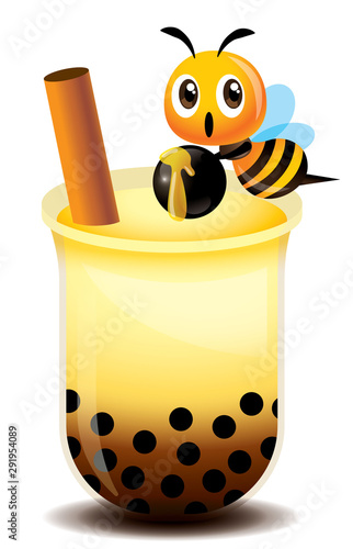 Cartoon cute bee holding chewy tapioca balls with fresh topping pearls and brown sugar bubble tea - vector mascot illustration