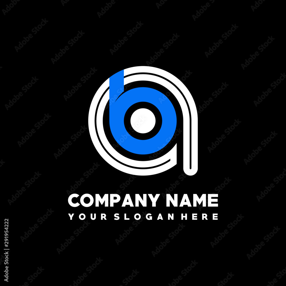 Initial lowercase letter AB, linked circle outline logo elegant, color white, blue on black background
