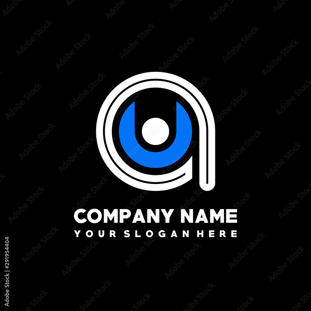 Initial lowercase letter AU, linked circle outline logo elegant, color white, blue on black background Initial lowercase letter AU, linked circle outline logo elegant, color white, blue on black background