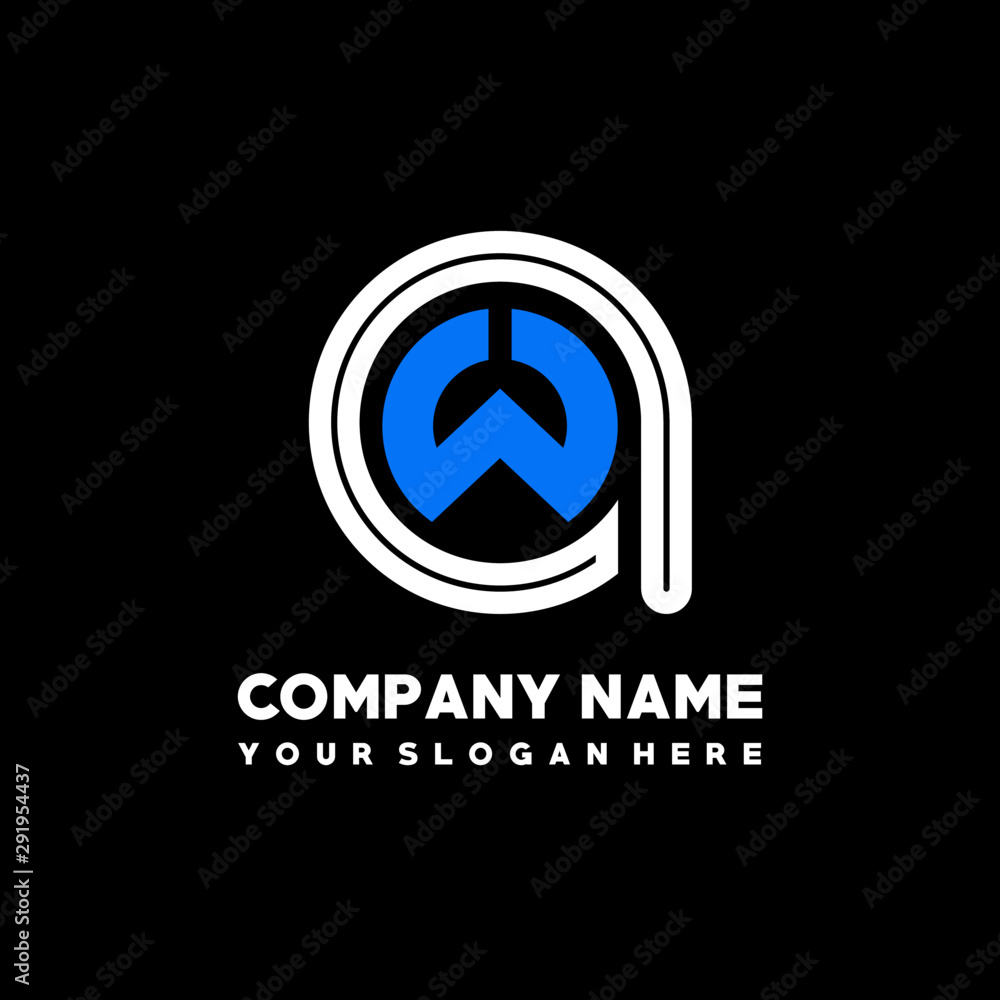 Initial lowercase letter AW, linked circle outline logo elegant, color white, blue on black background Initial lowercase letter AW, linked circle outline logo elegant, color white, blue on black background