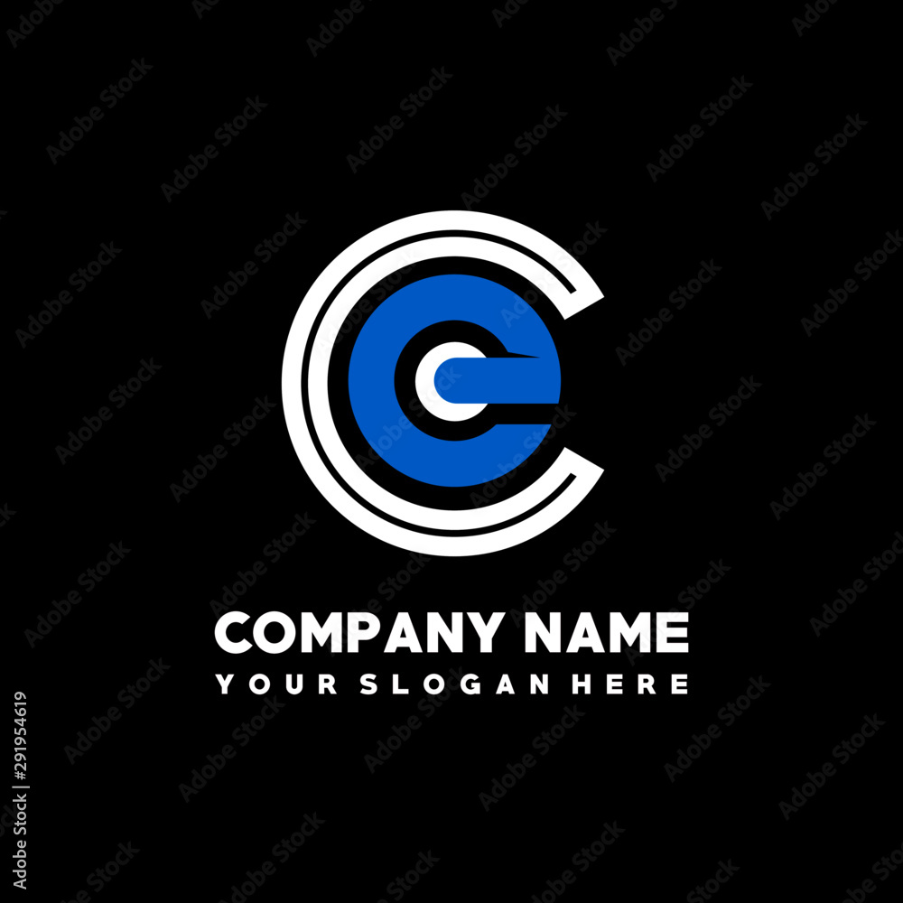 Initial lowercase letter CE, linked circle outline logo elegant, color white, blue on black background Initial lowercase letter CE, linked circle outline logo elegant, color white, blue on black background