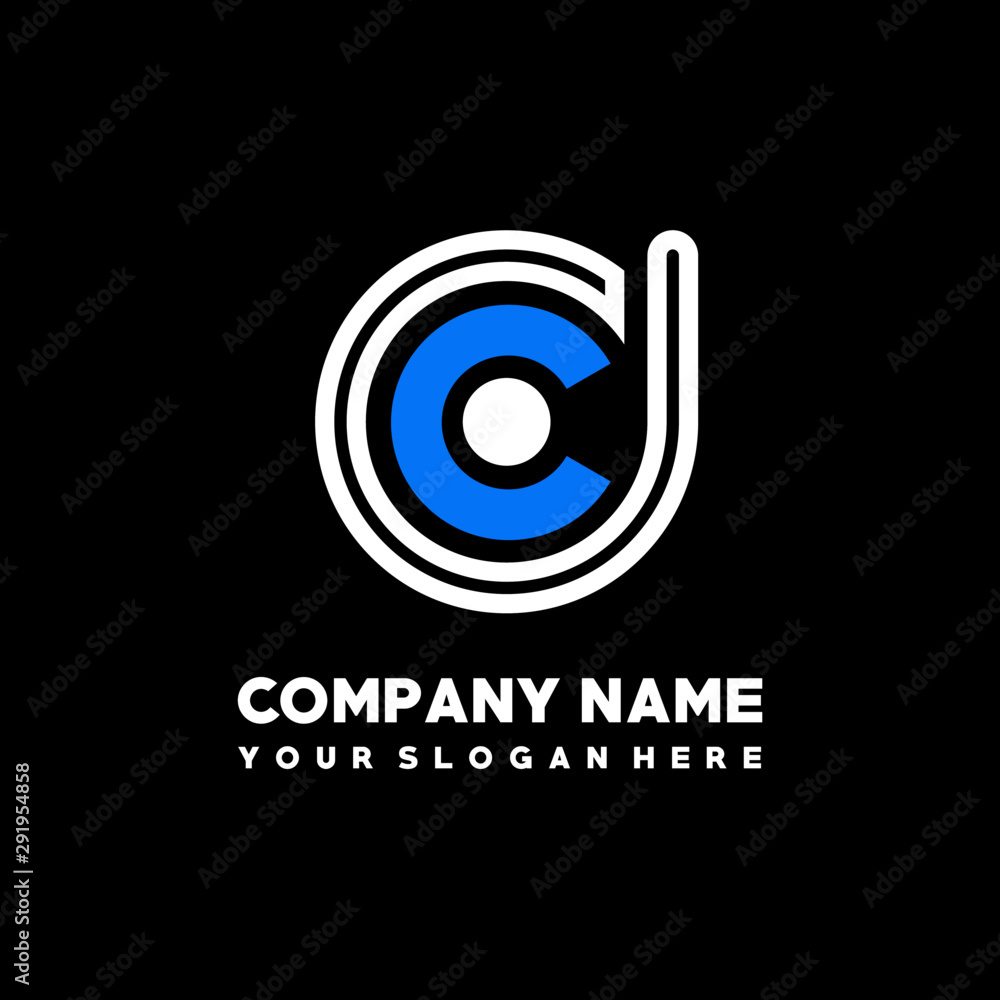 Initial lowercase letter DC, linked circle outline logo elegant, color white, blue on black background Initial lowercase letter DC, linked circle outline logo elegant, color white, blue on black background