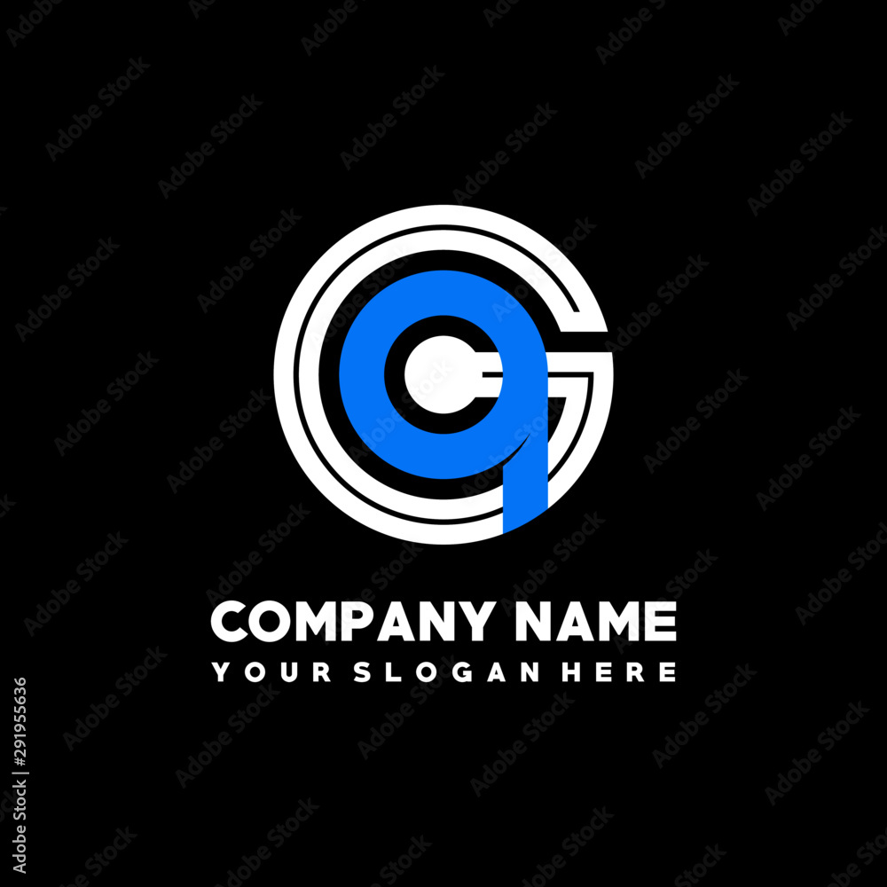 Initial lowercase letter GQ, linked circle outline logo elegant, color white, blue on black background