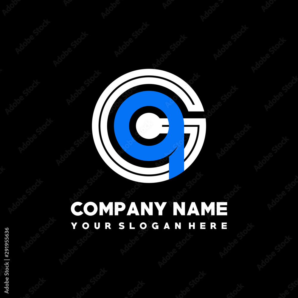 Initial lowercase letter GQ, linked circle outline logo elegant, color white, blue on black background Initial lowercase letter GQ, linked circle outline logo elegant, color white, blue on black background