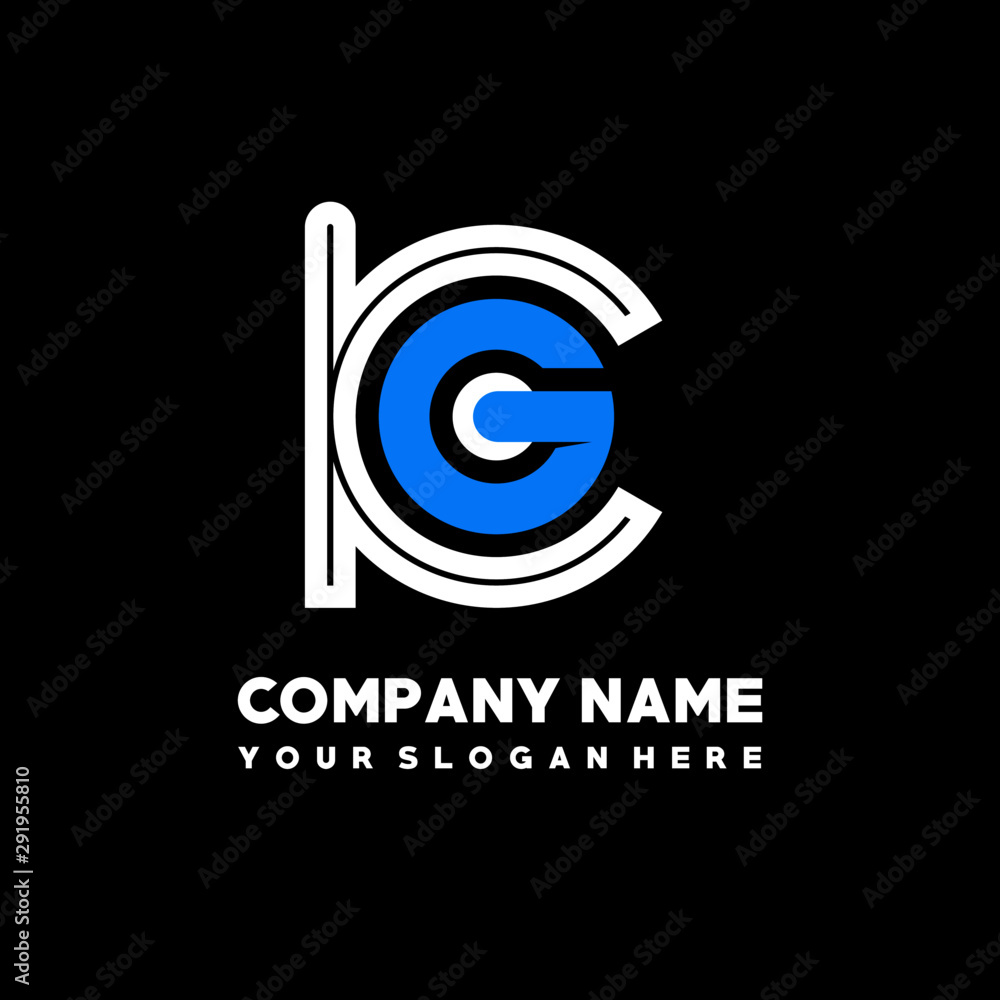 Initial lowercase letter KG, linked circle outline logo elegant, color white, blue on black background Initial lowercase letter KG, linked circle outline logo elegant, color white, blue on black background