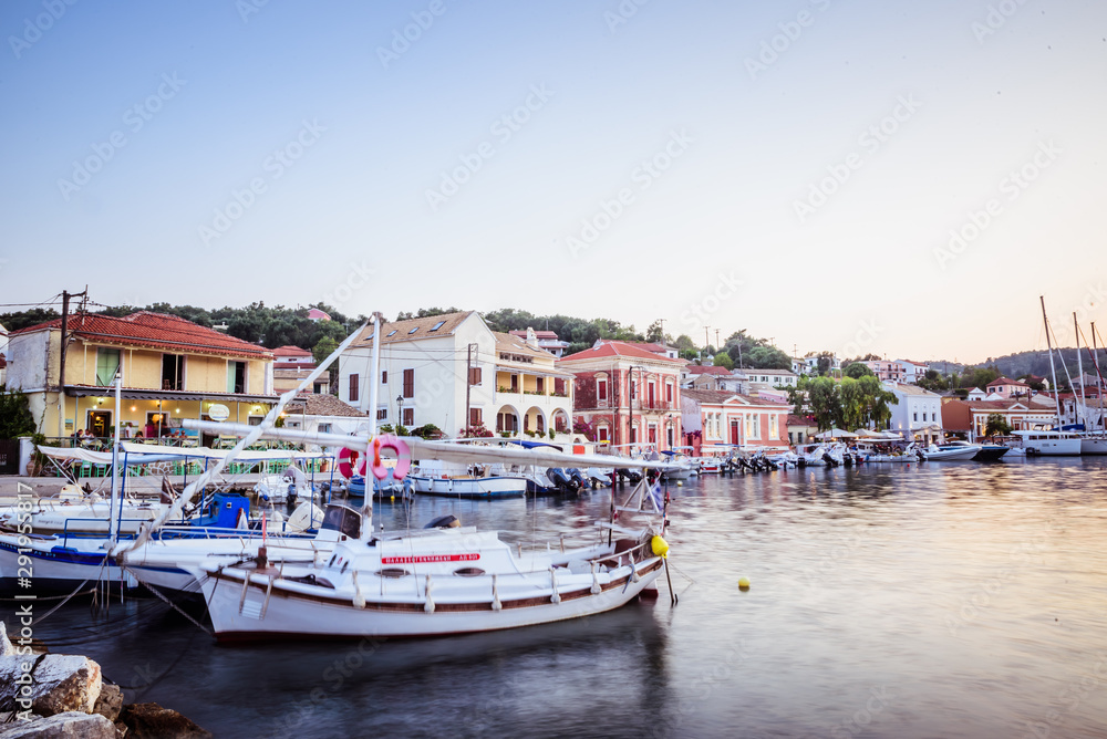 Paxoi port Gaios at sunset on a summer day, Ionian islands, Greece