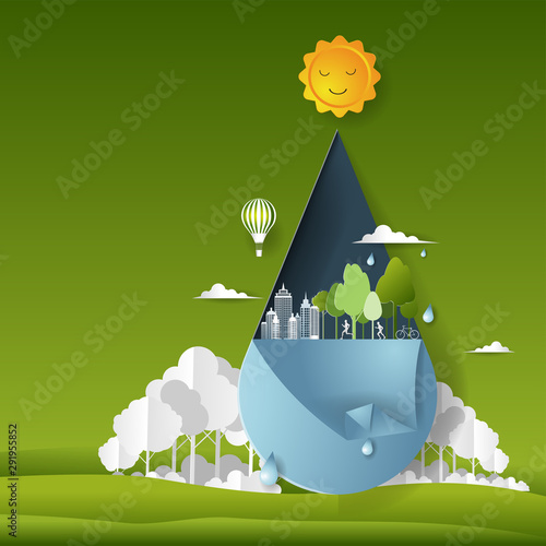 Paper art of water drop, ECO friendly and environment conservation concept, Flat and digital craft style vector illustration.