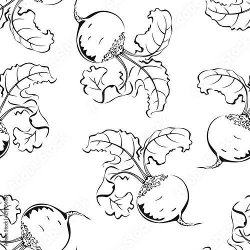 Beetroot seamless black and white pattern. Vector monochrome illustration of  outline vegetable in simple style.