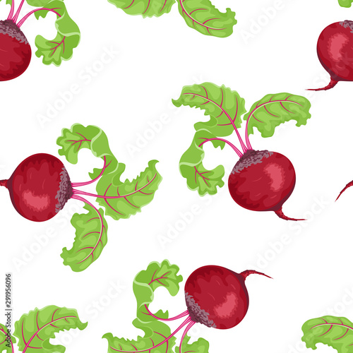 Beetroot seamless pattern on white background. Vector illustration of red root vegetable with green leaves in cartoon simple flat style.