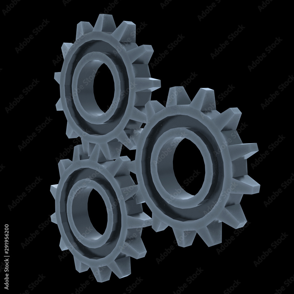Gears. Mechanical technology machine engineering symbol. Industry development, engine work, business solution concept. 3d render illustration on black background Gears. Mechanical technology machine engineering symbol. Industry development, engine work, business solution concept. 3d render illustration on black background