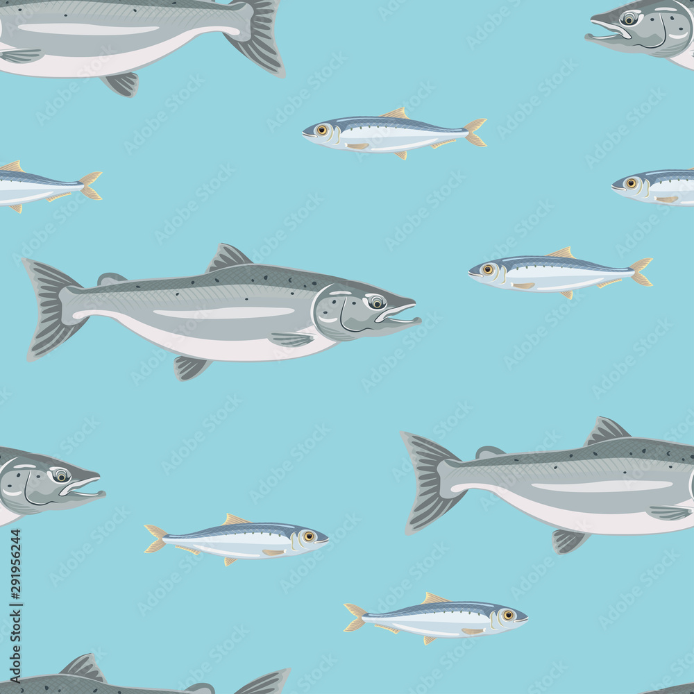 Fish seamless pattern on a blue background. Vector illustration of salmon and sardines in the sea in cartoon simple flat style. Fish seamless pattern on a blue background. Vector illustration of salmon and sardines in the sea in cartoon simple flat style.
