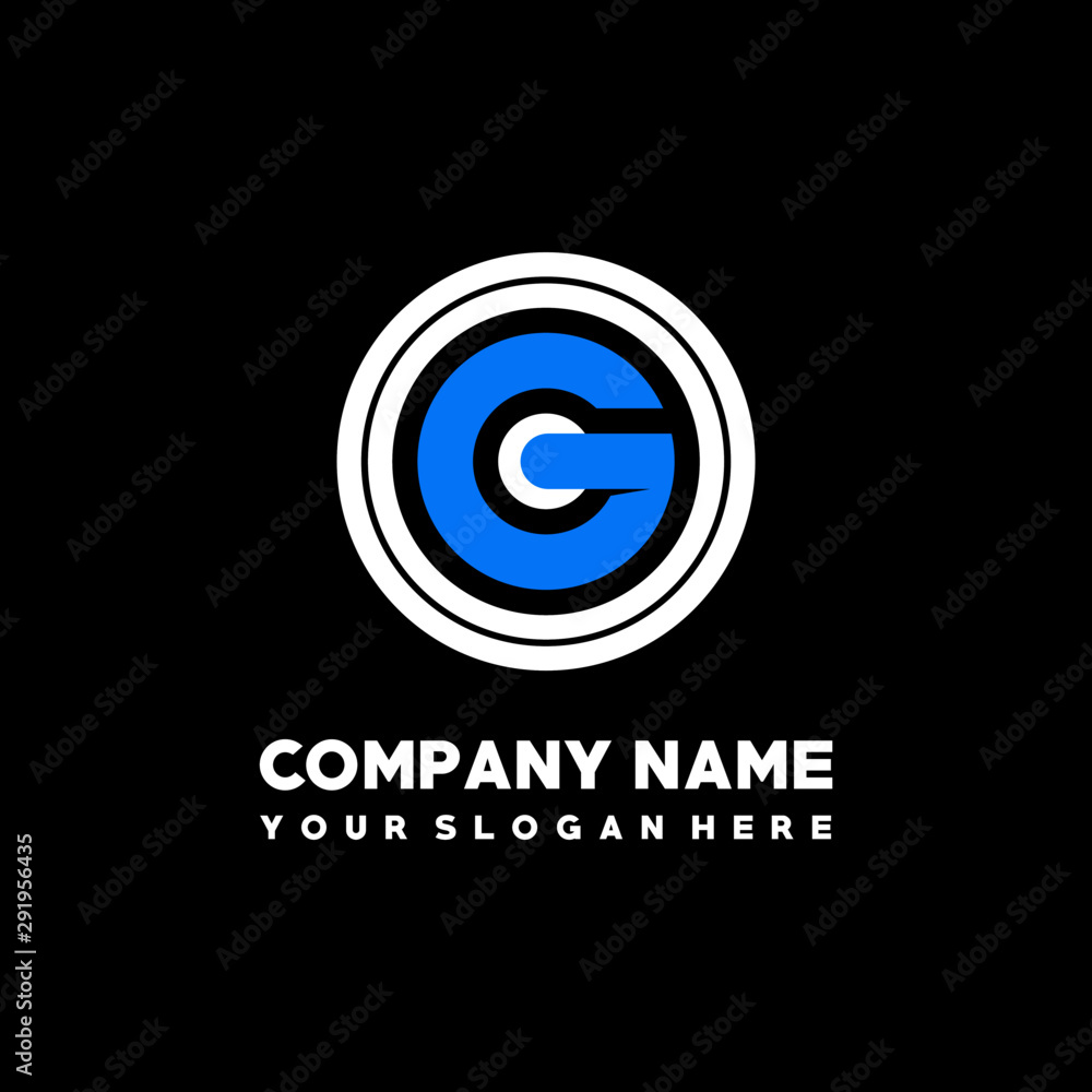 Initial lowercase letter OG, linked circle outline logo elegant, color white, blue on black background